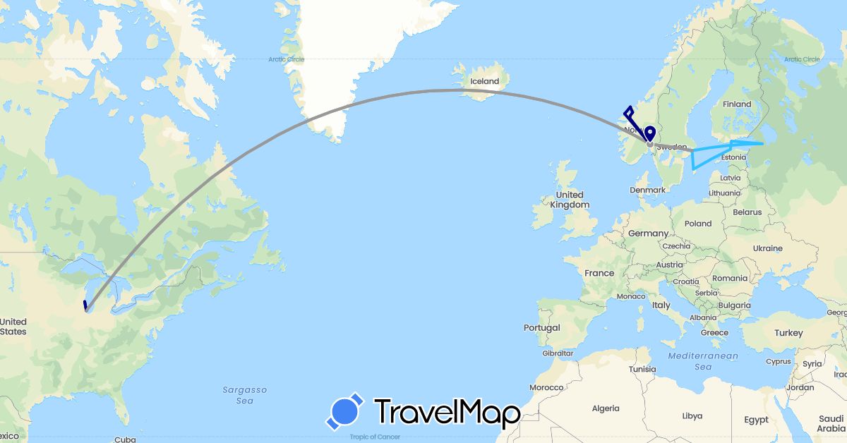 TravelMap itinerary: driving, plane, boat in Estonia, Finland, Norway, Russia, Sweden, United States (Europe, North America)